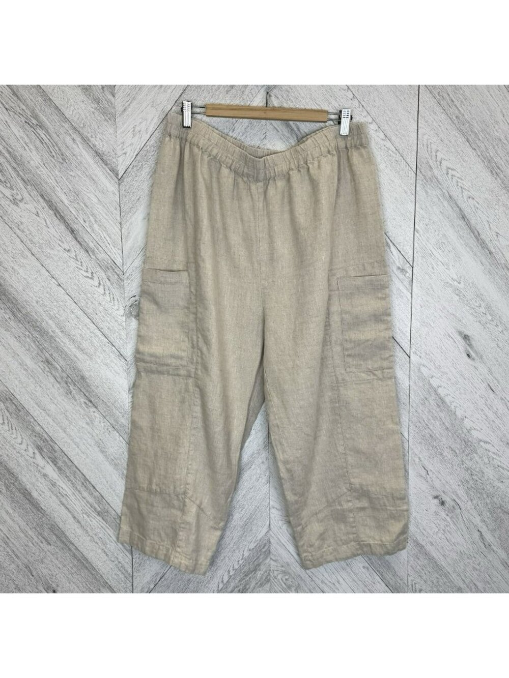 Sympli Wide Leg Ankle Cargo Pants Womens Size Large 100% Linen Pull On Lagenlook